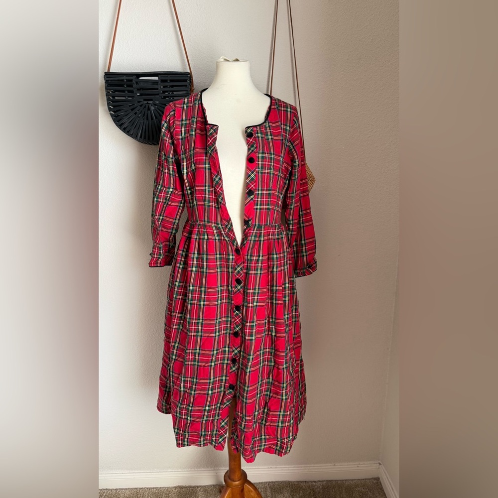 Lanz of Salzburg Red Plaid Nightgown Dress, Pockets, Size Small